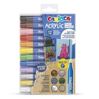 Акриловые маркеры Carioca Maxi для творчества и рисования, набор 12 цветов, круглый наконечник Акриловые маркеры Carioca Maxi для творчества и рисования, набор 12 цветов, круглый наконечник