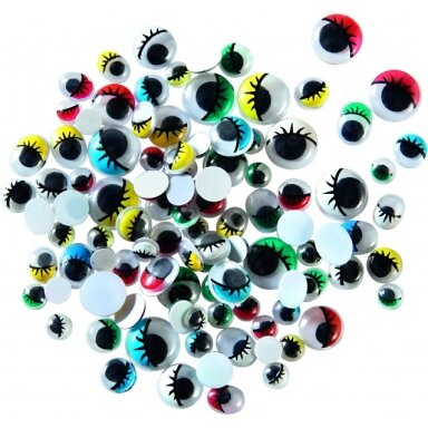 Wiggle Eyes with eyelashes, 6 different sizes, 100 pieces, assorted colours