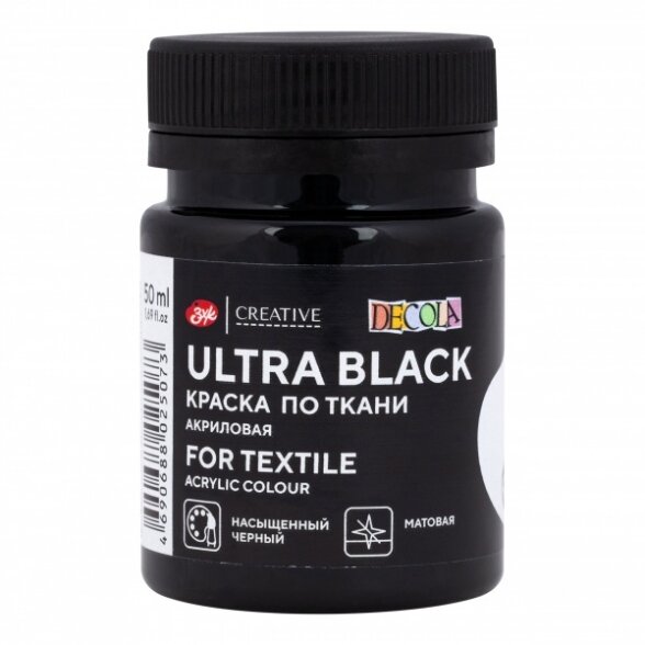 Akriliniai dažai audiniams Decola 50 ml Nr.834 ultra juodos spalvos Akriliniai dažai audiniams Decola 50 ml Nr.834 ultra juodos spalvos