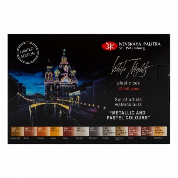 Artists' watercolours set White Nights 12 pans Metallic and Pastel colours plastic box