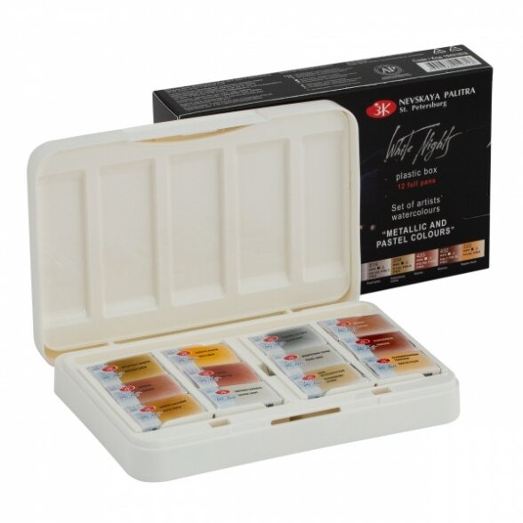 Artists' watercolours set White Nights 12 pans Metallic and Pastel colours plastic box 1