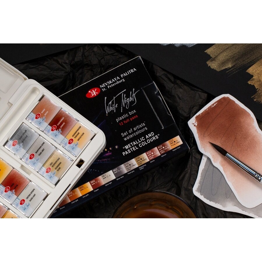 Artists' watercolours set White Nights 12 pans Metallic and Pastel colours plastic box 4