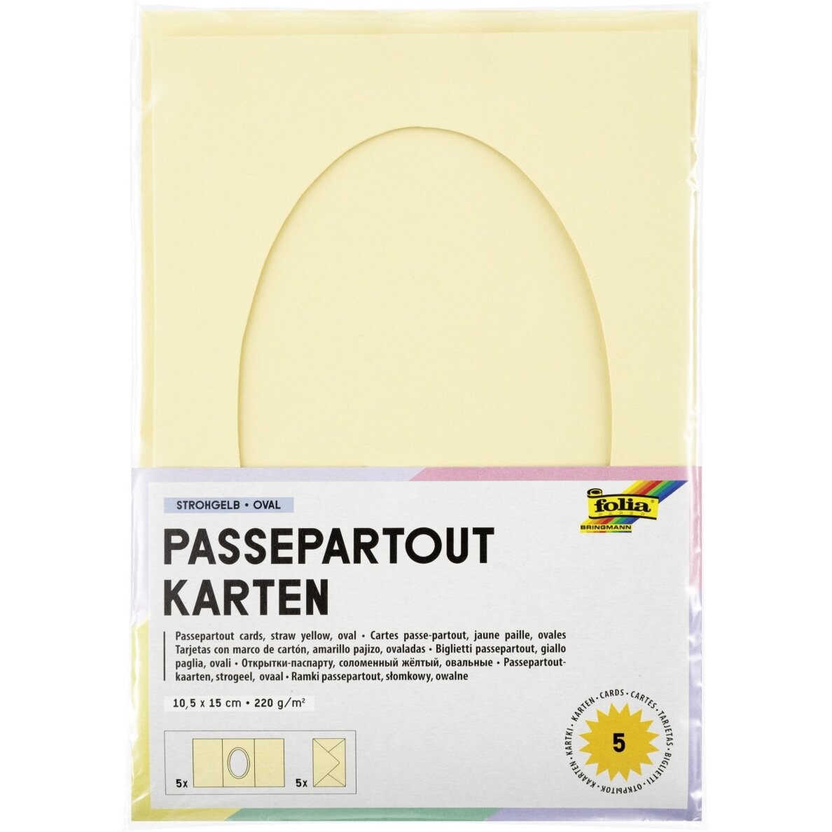 Passepartouts OVAL CUT 220g/m², 10,5x15cm, 5 cards&envelopes, straw yellow