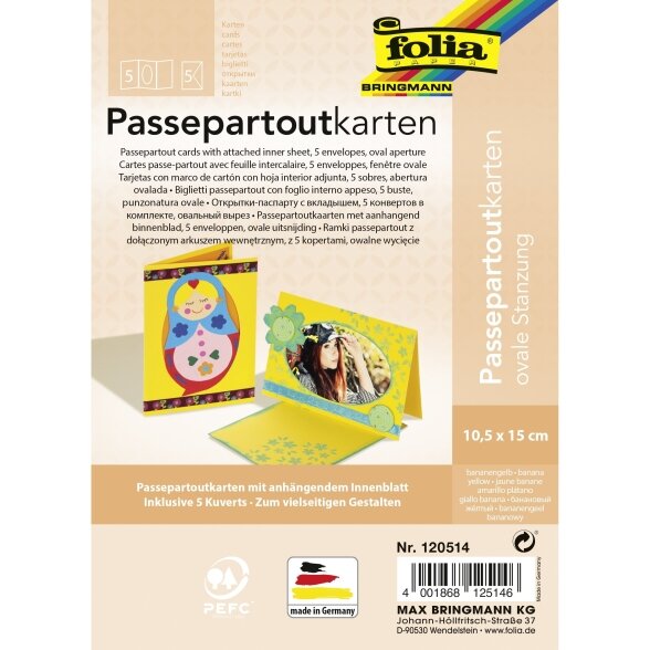 Passepartouts OVAL CUT 220g/m², 10,5x15cm, 5 cards&envelopes, banana yellow