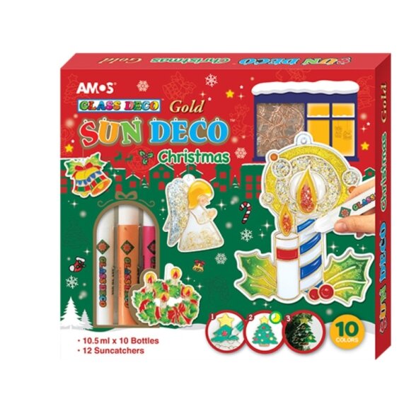 Краски витражные в наборе Amos Sun Deco "Christmas" 10x10,5 мл с 12 витражами 1