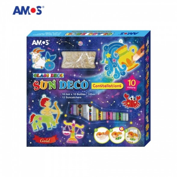 Amos Sun Deco Stained-Glass Paints Kit 10x10.5 ml with 12 suncatchers