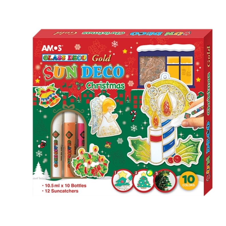 Краски витражные в наборе Amos Sun Deco "Christmas" 10x10,5 мл с 12 витражами 1