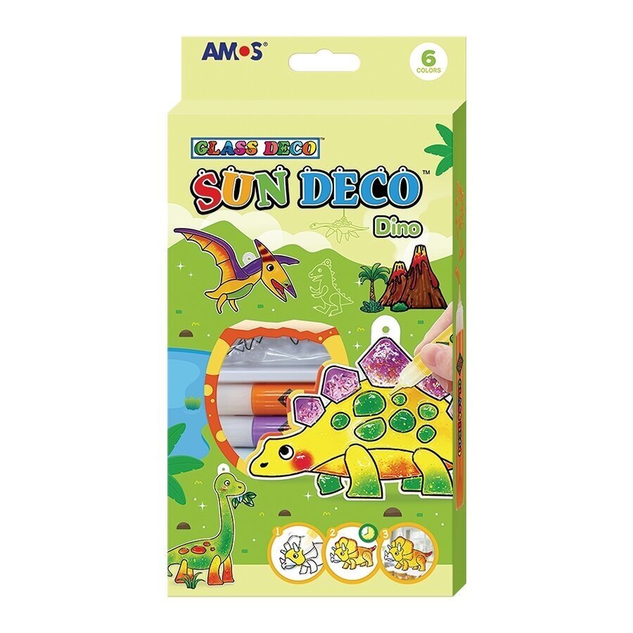 Amos Sun Deco Stained-Glass Paints Kit Dino 6x10,5 ml with 6 suncatchers