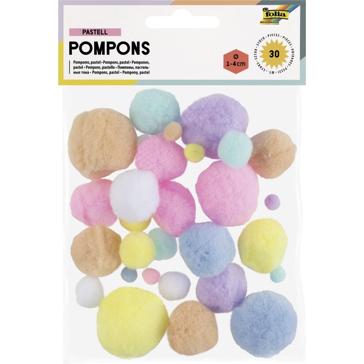 Pompons PASTEL, 30 pieces, PASTEL MIX, assorted sizes