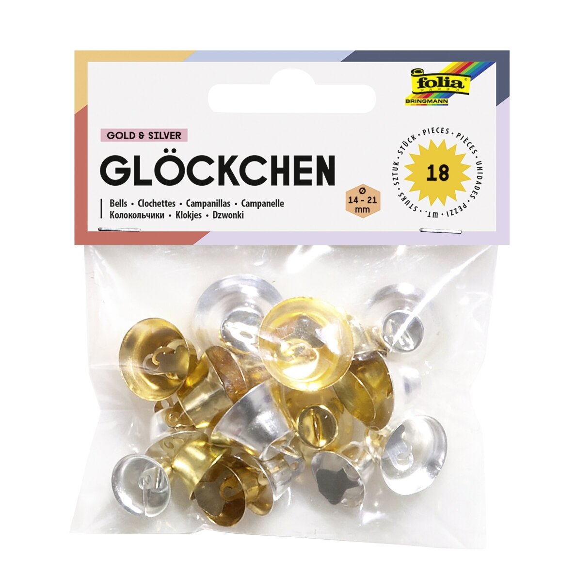 Decorative Bells Folia, 3 Sizes, Gold and Silver Colors, 18 pcs.