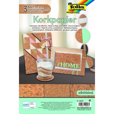 Cork-Paper self adhesive, 20x30cm, 3 sheets, 3 assorted designs