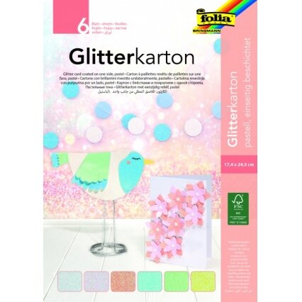 Dekoratyvinis kartonas su blizgučiais Folia "Glitter Pastel" 17,5x24,5 cm, 6 lapai Dekoratyvinis kartonas su blizgučiais Folia "Glitter Pastel" 17,5x24,5 cm, 6 lapai