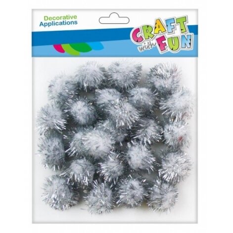 Dekoracija "Pomponai" su blizgučiais baltos spalvos 2,5 cm 24 vnt. CRAFT-FUN