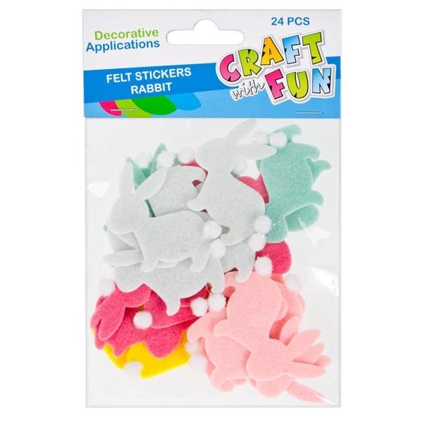 Dekoratyviniai lipdukai iš veltinio "Zuikučiai su pomponu" 24 vnt. CRAFT-FUN Dekoratyviniai lipdukai iš veltinio "Zuikučiai su pomponu" 24 vnt. CRAFT-FUN