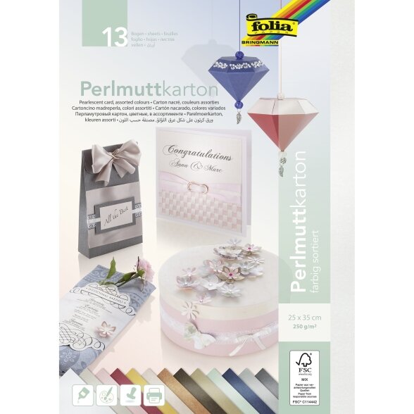 Картон перламутровый 250 г / м², 25x35см, 13 листов, разные цвета
