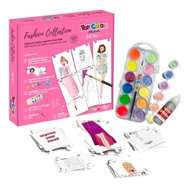 Kūrybinis rinkinys Toy Color "Fashion Collection" (spalvinimo dėlionė+temperos dažai+akvareliniai dažai+blizgučiai+teptukas)