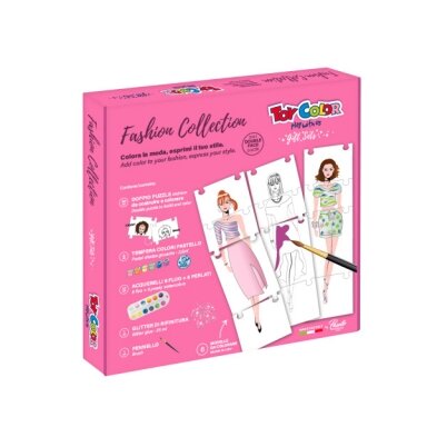 Kūrybinis rinkinys Toy Color "Fashion Collection" (spalvinimo dėlionė+temperos dažai+akvareliniai dažai+blizgučiai+teptukas)
