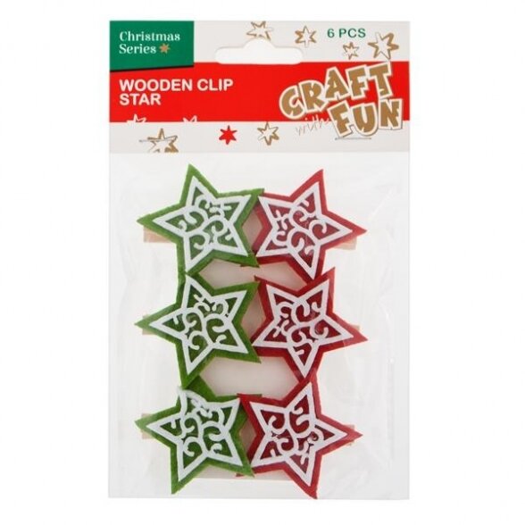 Mediniai segtukai dviejų spalvų "Žvaigždės", 6 vnt. CRAFT-FUN Mediniai segtukai dviejų spalvų "Žvaigždės", 6 vnt. CRAFT-FUN