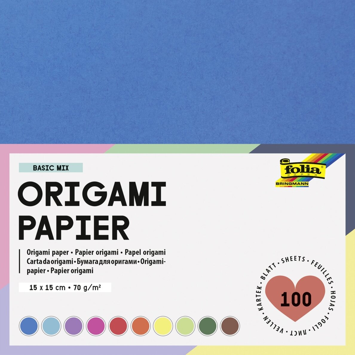 Origami popierius Folia 70 g/m2, 15x15 cm, 100 vnt. įvairių spalvų