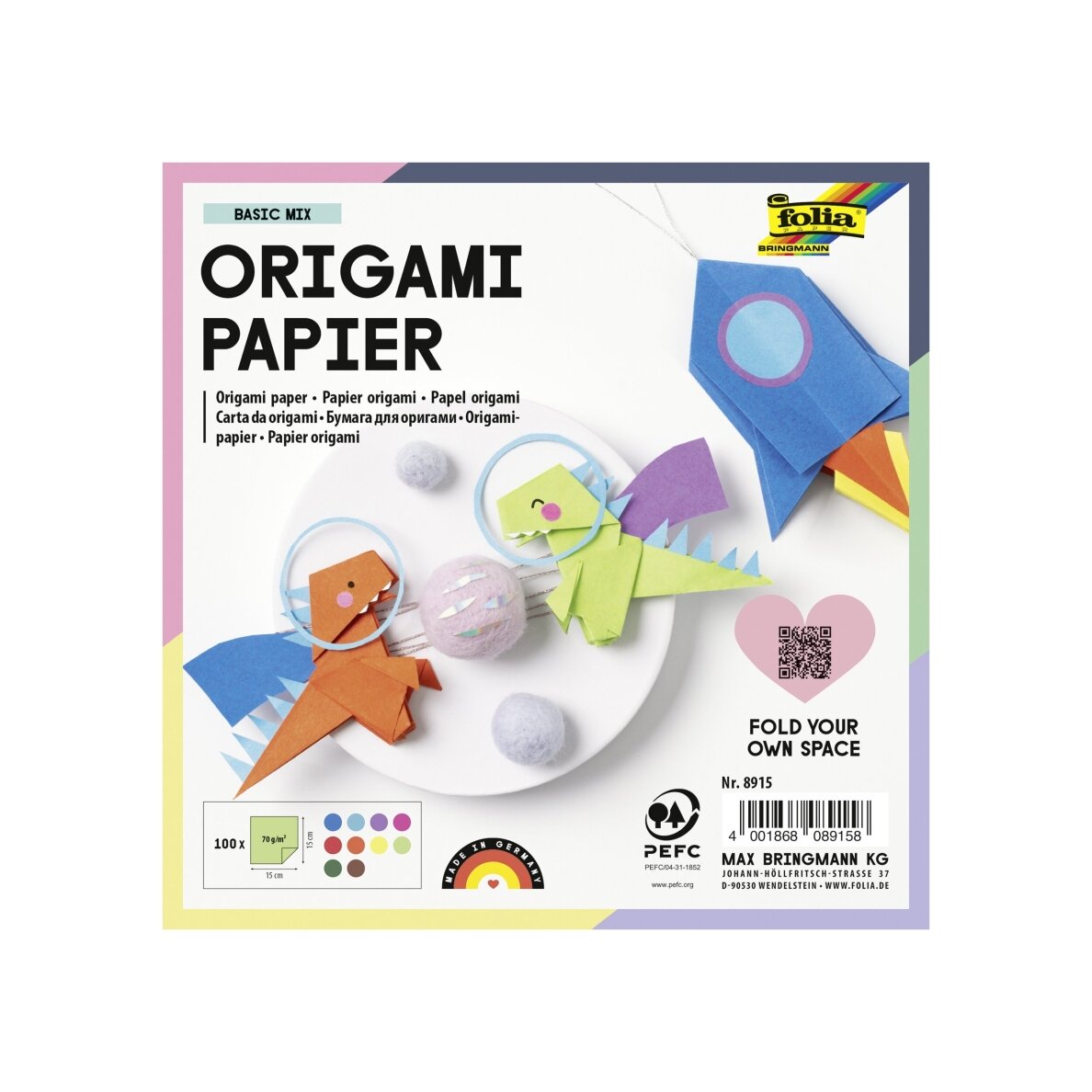 Origami popierius Folia 70 g/m2, 15x15 cm, 100 vnt. įvairių spalvų 1