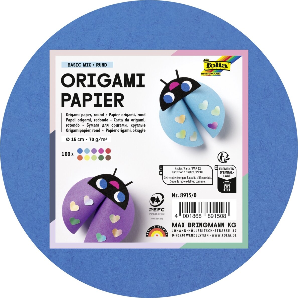 Folding Papers Round 70g/m2, Ø 15 cm, 100sheets, assorted colours