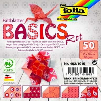 Origami Folia "BASICS" 10x10 cm, 50 lapų, 5 raudoni motyvai