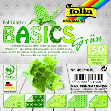 Origami Folia "BASICS" 10x10 cm, 50 lapų,5 žali motyvai