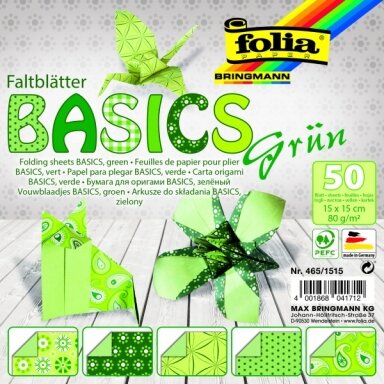 Origami Folia "BASICS" 15x15 cm, 50 lapų, 5 žali motyvai