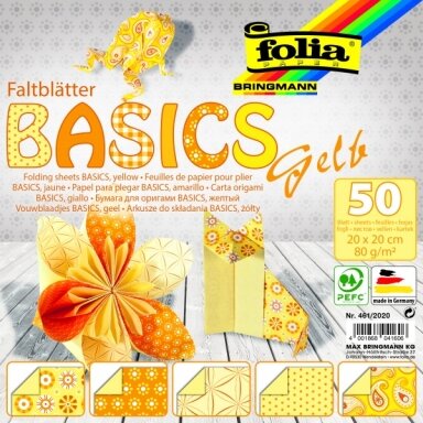 Origami Folia "BASICS" 20x20 cm, 50 lapų, 5 geltoni motyvai