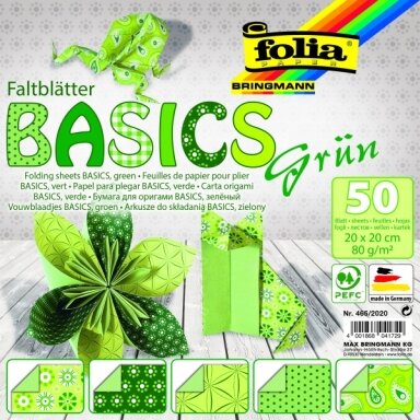 Origami Folia "BASICS" 20x20 cm, 50 lapų, 5 žali motyvai