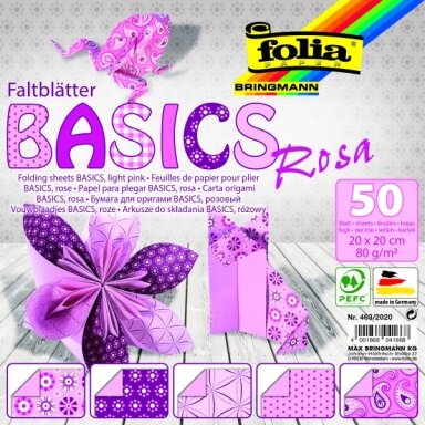 Origami Folia "BASICS" 20x20 cm, 50 lapų, 5rožiniai motyvai