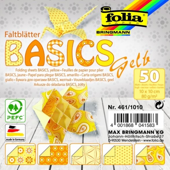 Origami Folia "BASICS" 10x10 cm, 50 lapų, 5 geltoni motyvai