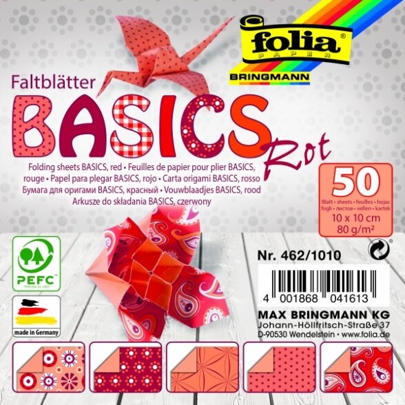 Origami Folia "BASICS" 10x10 cm, 50 lapų, 5 raudoni motyvai Origami Folia "BASICS" 10x10 cm, 50 lapų, 5 raudoni motyvai
