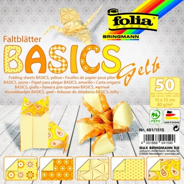 Folding Papers BASICS YELLOW 80g/m², 15x15cm, 50 sheets, 5 assorted designs