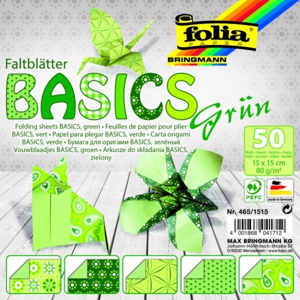 Folding Papers BASICS GREEN 80g/m², 15x15cm, 50 sheets, 5 assorted designs