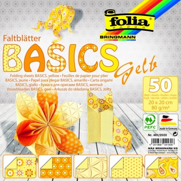 Origami Folia "BASICS" 20x20 cm, 50 lapų, 5 geltoni motyvai