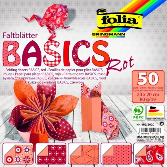 Origami Folia "BASICS" 20x20 cm, 50 lapų, 5 raudoni motyvai