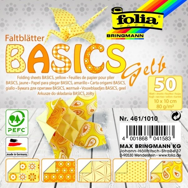 Origami Folia "BASICS" 10x10 cm, 50 lapų, 5 geltoni motyvai