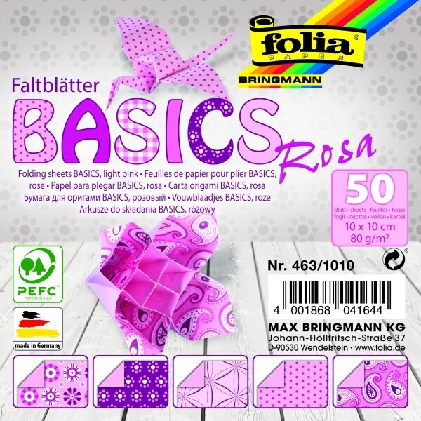 Folding Papers BASIC LIGHT PINK 80g/m², 10x10cm, 50 sheets, 5 assorted designs
