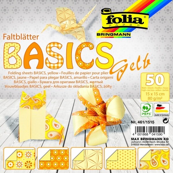 Folding Papers BASICS YELLOW 80g/m², 15x15cm, 50 sheets, 5 assorted designs