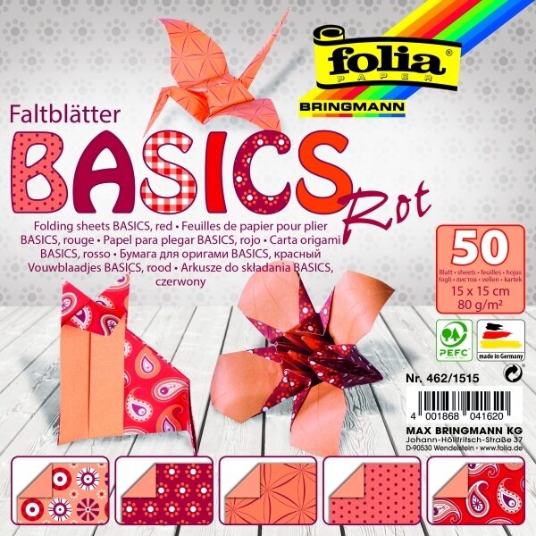 Origami Folia "BASICS" 15x15 cm, 50 lapų, 5 raudoni motyvai