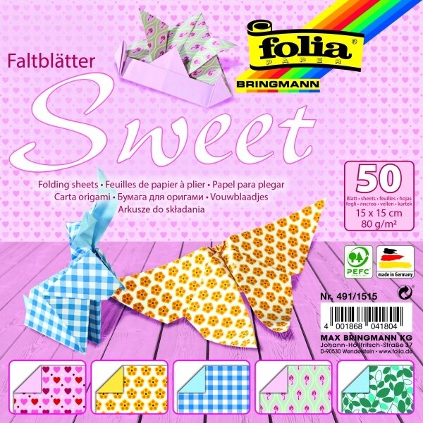 Folding Papers SWEET 80g/m², 15x15cm, 50 sheets, 5 assorted designs