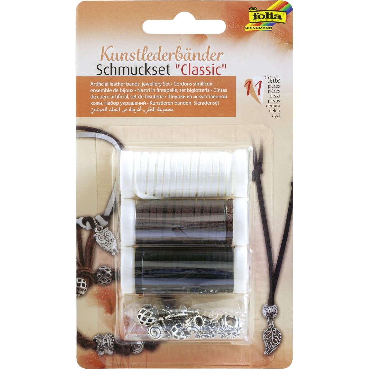 Artificial leather bands kit CLASSIC, 3 bracelets each 1,5m, 8 charms