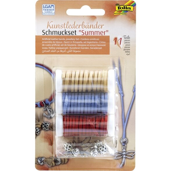 Artificial leather bands kit SUMMER, 3 bracelets each 1,5m, 8 charms
