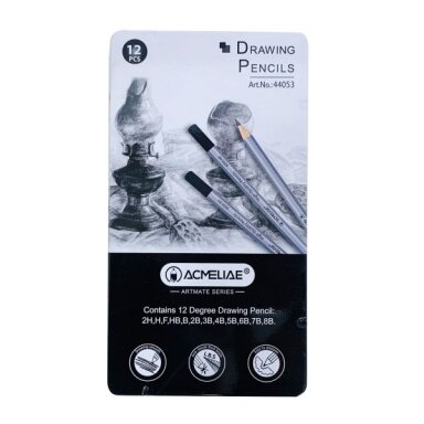 Grafitinių pieštukų rinkinys Acmeliae Artmate 2H-8B metalinėje dėžutėje 12 vnt