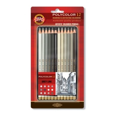 Set of Artists Coloured Pencils Koh-I-Noor Polycolor 3822 12 colors Grey Line