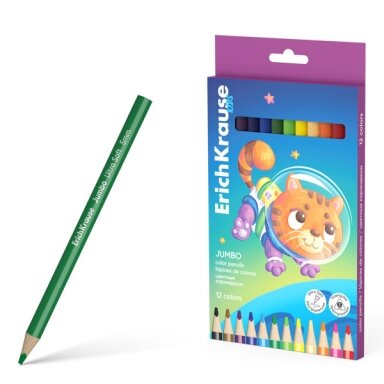 Pieštukai spalvoti tribriauniai ErichKrause Kids Jumbo Space Animals, grafitas 5 mm, 12 spalvų Pieštukai spalvoti tribriauniai ErichKrause Kids Jumbo Space Animals, grafitas 5 mm, 12 spalvų