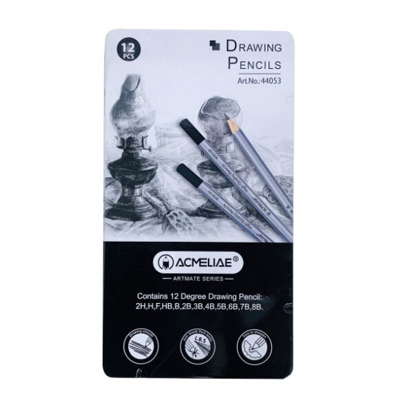 Карандаши чернографитные шестигранные Acmeliae Artmate 2H-8B в металлической коробке 12 шт.