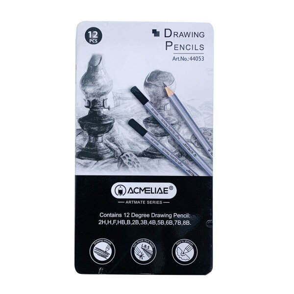 Карандаши чернографитные шестигранные Acmeliae Artmate 2H-8B в металлической коробке 12 шт.