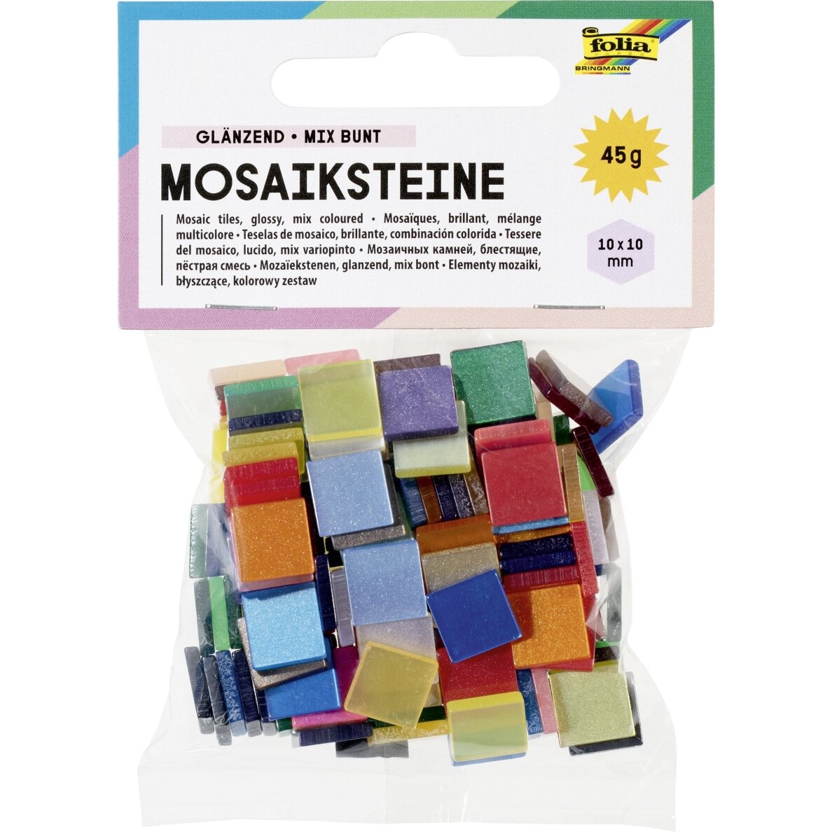 Mosaic tiles GLOSSY, 45g, 10x10mm, 190 parts, assorted colours